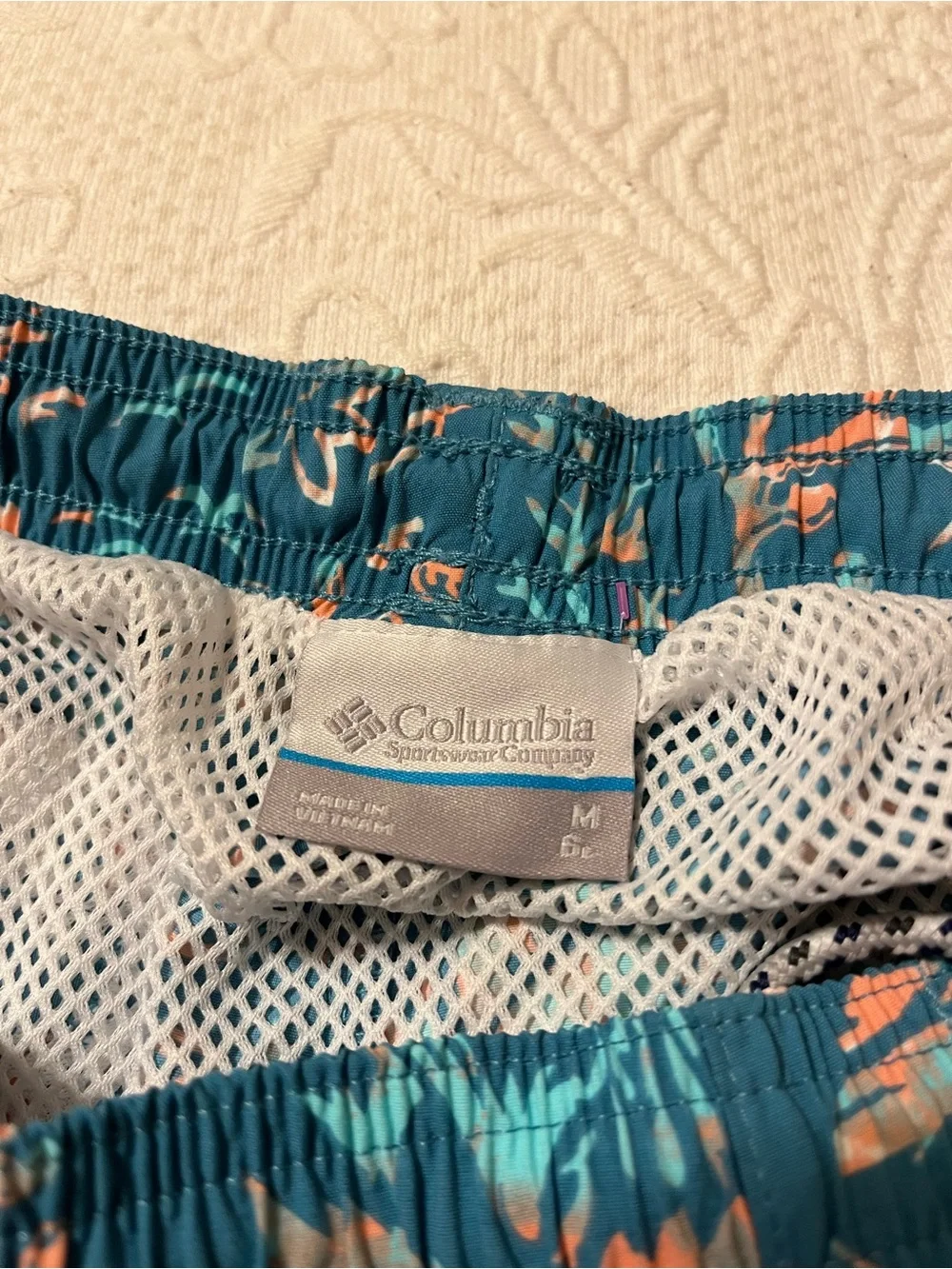Columbia Teal Swim Shorts with Coral Leaf Print